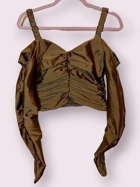 Topshop Bronze Satin Ruched Crop Top Long Sleeve Cold Shoulder Size 4